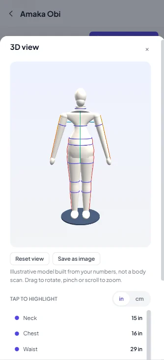 SizeVault's 3D view: a mannequin built from a customer's measurements, with Reset view and Save as image buttons and a tap-to-highlight measurement list