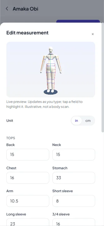 SizeVault's Edit measurement sheet with a live 3D mannequin preview above the measurement fields