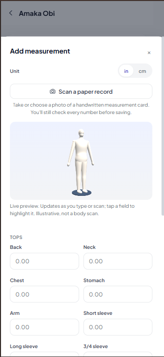 SizeVault's Add measurement sheet with the Scan a paper record button and a banner confirming values were read from a photo